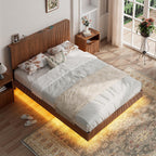 Evermagin Walnut Queen Floating Bed Frame with Headboard, Mid Century Modern Fluted Platform Bed with LED Lights, Heavy Duty Floating Bedframe with Charging Station, No Box Spring Needed