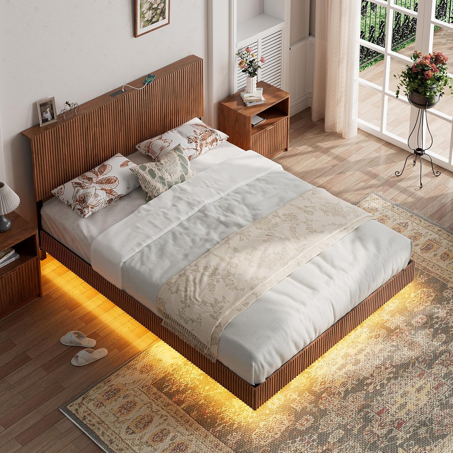 Evermagin Walnut Queen Floating Bed Frame with Headboard, Mid Century Modern Fluted Platform Bed with LED Lights, Heavy Duty Floating Bedframe with Charging Station, No Box Spring Needed