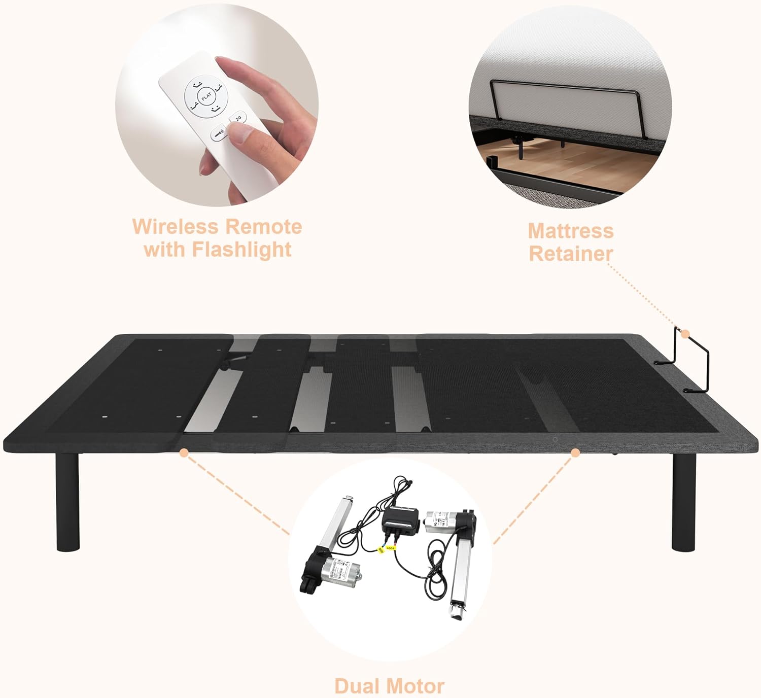 GOLDORO Queen Size Adjustable Bed Frame, Electric Bed Base, Wireless Remote Control, Whisper Quiet Durable Motor, Independent Head and Foot Incline, Fabric Covered