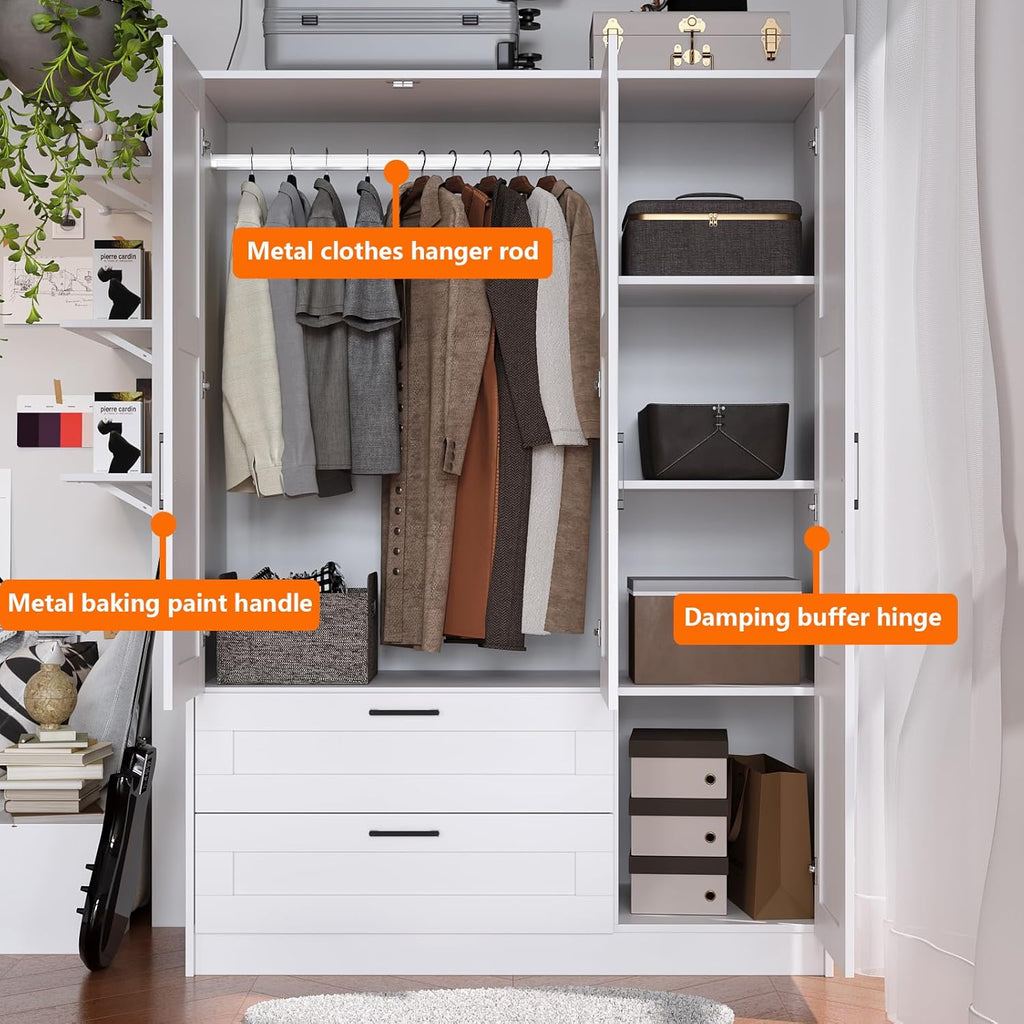 3 Doors Wooden Wardrobe Closet Armoire, White Storage Cabinet for Hanging Clothes, Bedroom Large Capacity Freestanding Armoire,Wood Wardrobe Combination with Shelves (2drawer, White)