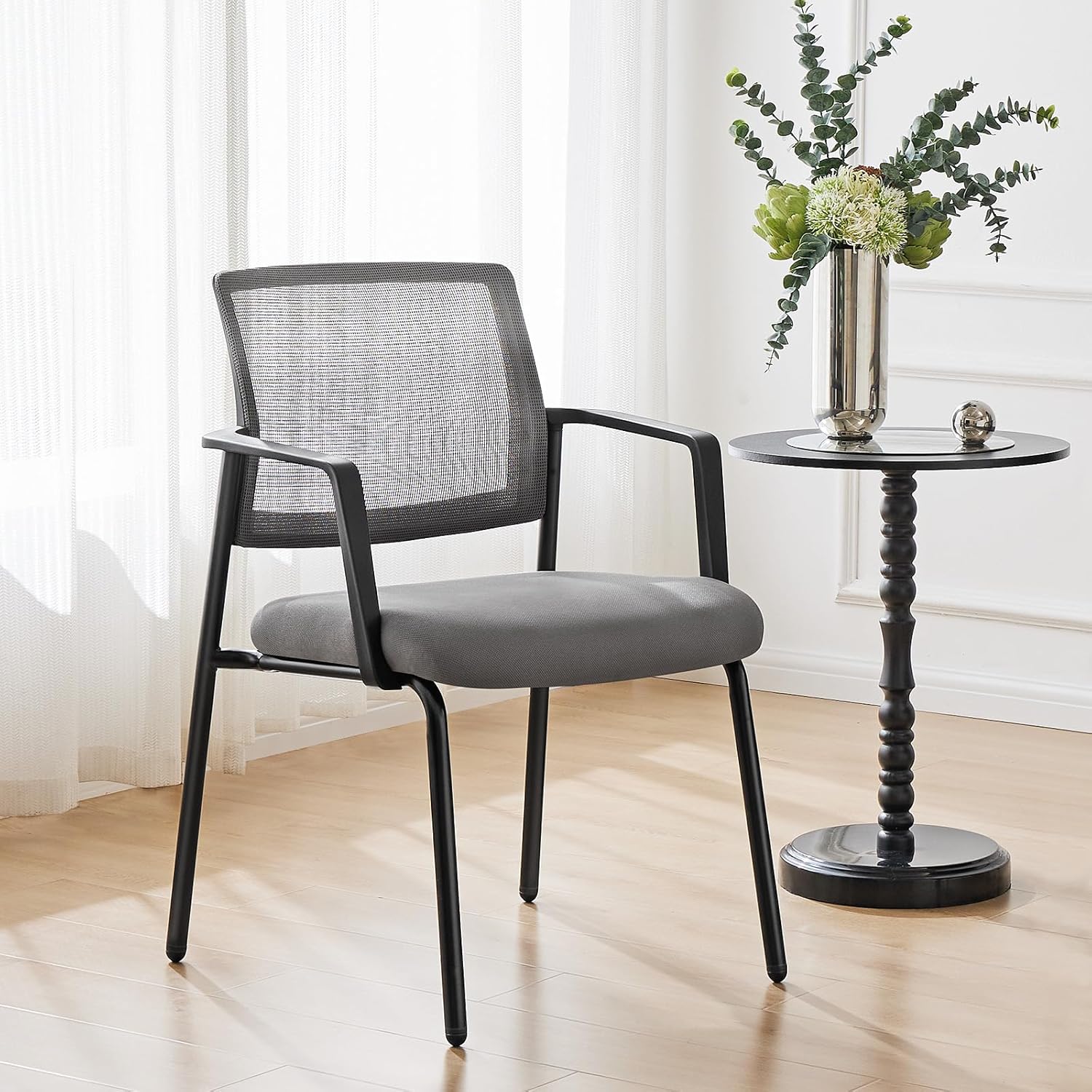Sweetcrispy Mesh Back Stacking Arm Chairs, Upholstered Fabric Stacking Chairs, Sturdy Metal Office Chairs, Easy to Use and Store, Outdoor and Indoor, for Home, School, Party, Church, 2 Pack Grey