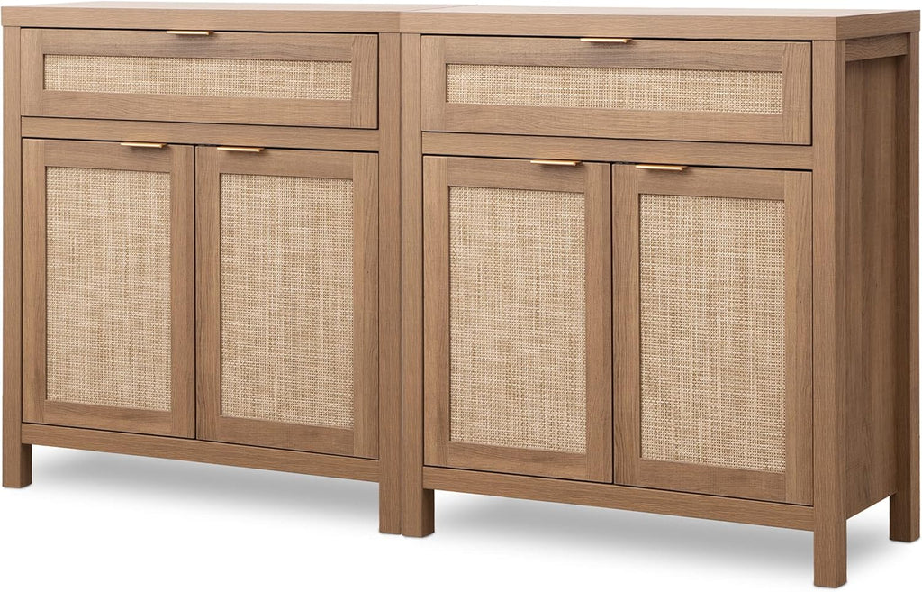 SICOTAS Sideboard Buffet Cabinet Set of 2, Rattan Credenza Storage Cabinet, Boho Buffet Table Console Cabinets with Drawer, Farmhouse Coffee Bar for Entryway Living Room, Natural Oak