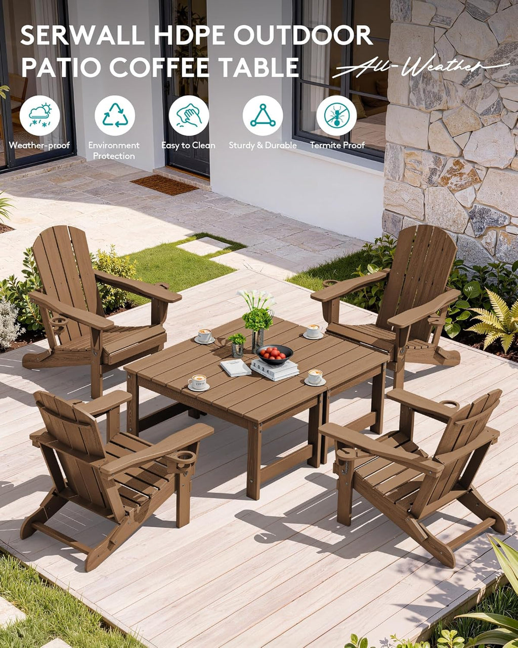 SERWALL Outdoor Coffee Table with 1.69" Umbrella Hole, HDPE Patio Coffee Table for Outside, Rectangle, Brown