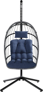 SWITTE Egg Chair Outdoor with Stand, Indoor Wicker Hanging Egg Swing Chair with Cushion, 350lbs Capacity for Patio, Bedroom, Garden - Dark Blue
