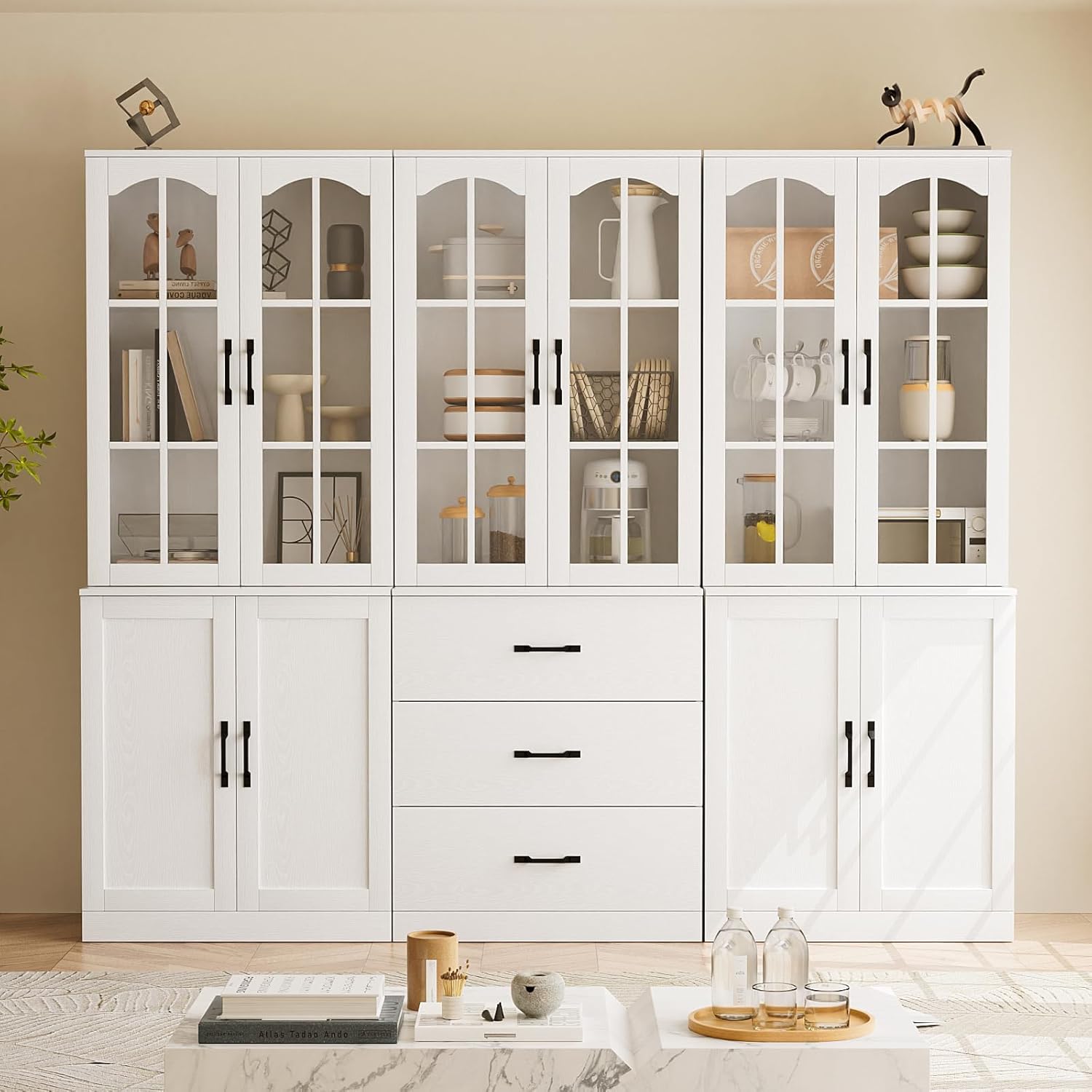 TUSY 71" Tall Bookcase with Glass Door, 6-Tier Modern Bookshelf with Drawer, 23.6" Wide Storage Cabinet with Countertop, Freestanding Display Cabinet for Living Room, Home Office (AEA)