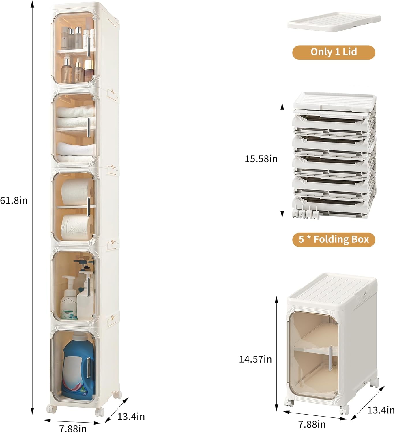 Narrow Bathroom Storage Cabinet with Wheels,5-Tier Plastic Slim Cabinets with Adjustable Shelves for Small Spaces,Bathroom, Kitchen, Cream White