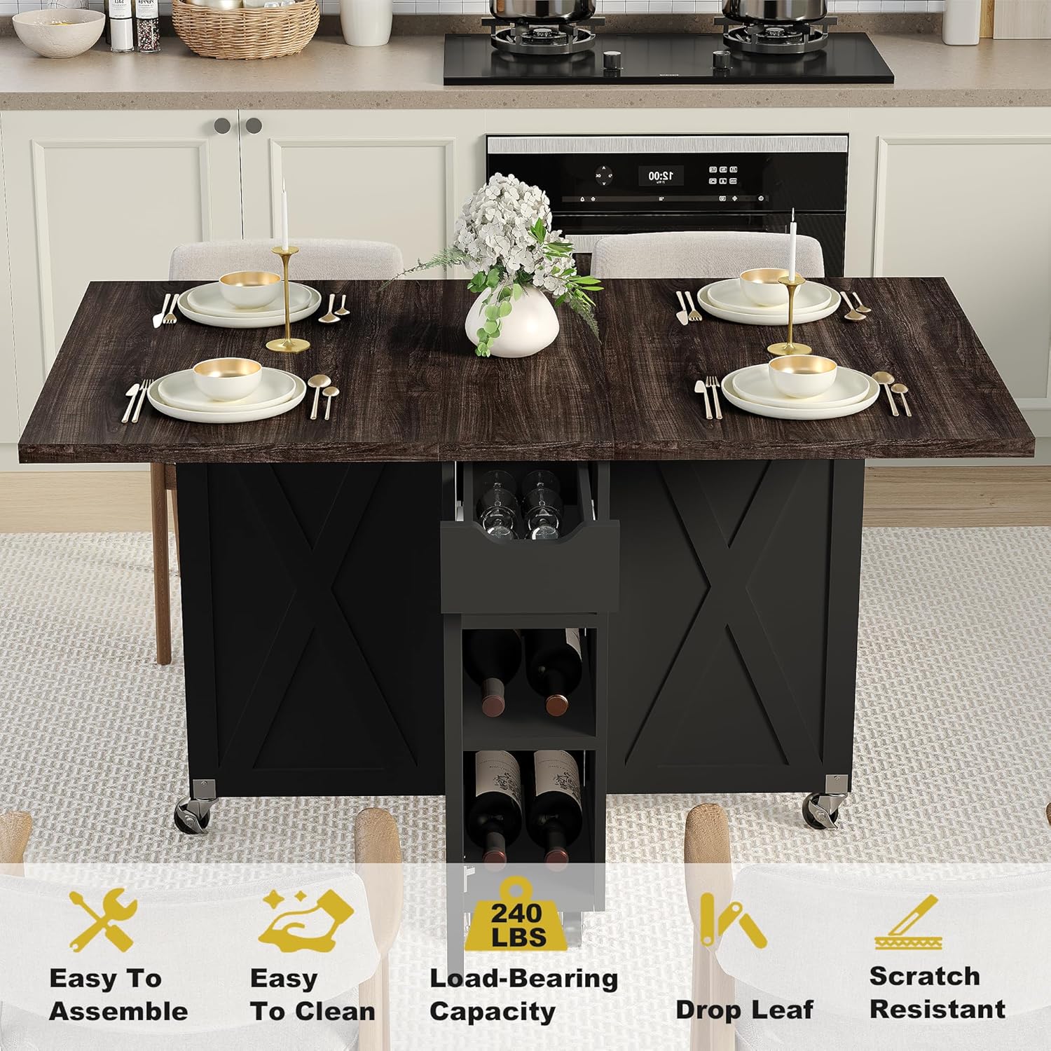 Space Saving Folding Dining Table with 2 Tier Storage-Extendable Drop Leaf Farmhouse Wood Kitchen Dining Room Tables Set for 4, Folding Kitchen Table with 6 Wheels, (Chestnut and Brown)