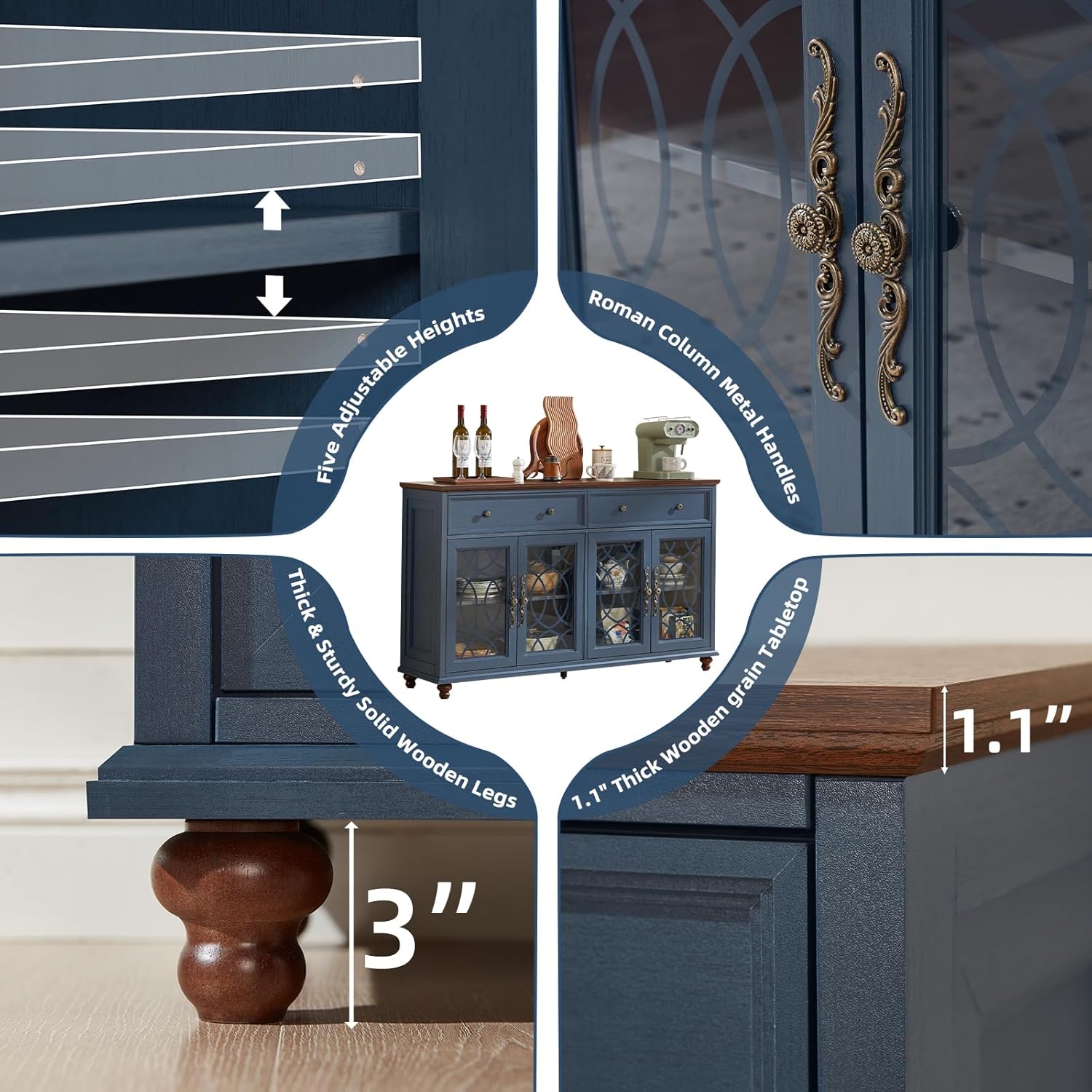 Joaxswe Farmhouse Sideboard Buffet Cabinet with Storage,59" Large Credenza with 4 Glass Doors & 2 Drawers,Adjustable Shelves Console Table,Wood Kitchen Coffee Bar for Dining Room,Living Room,Navy Blue