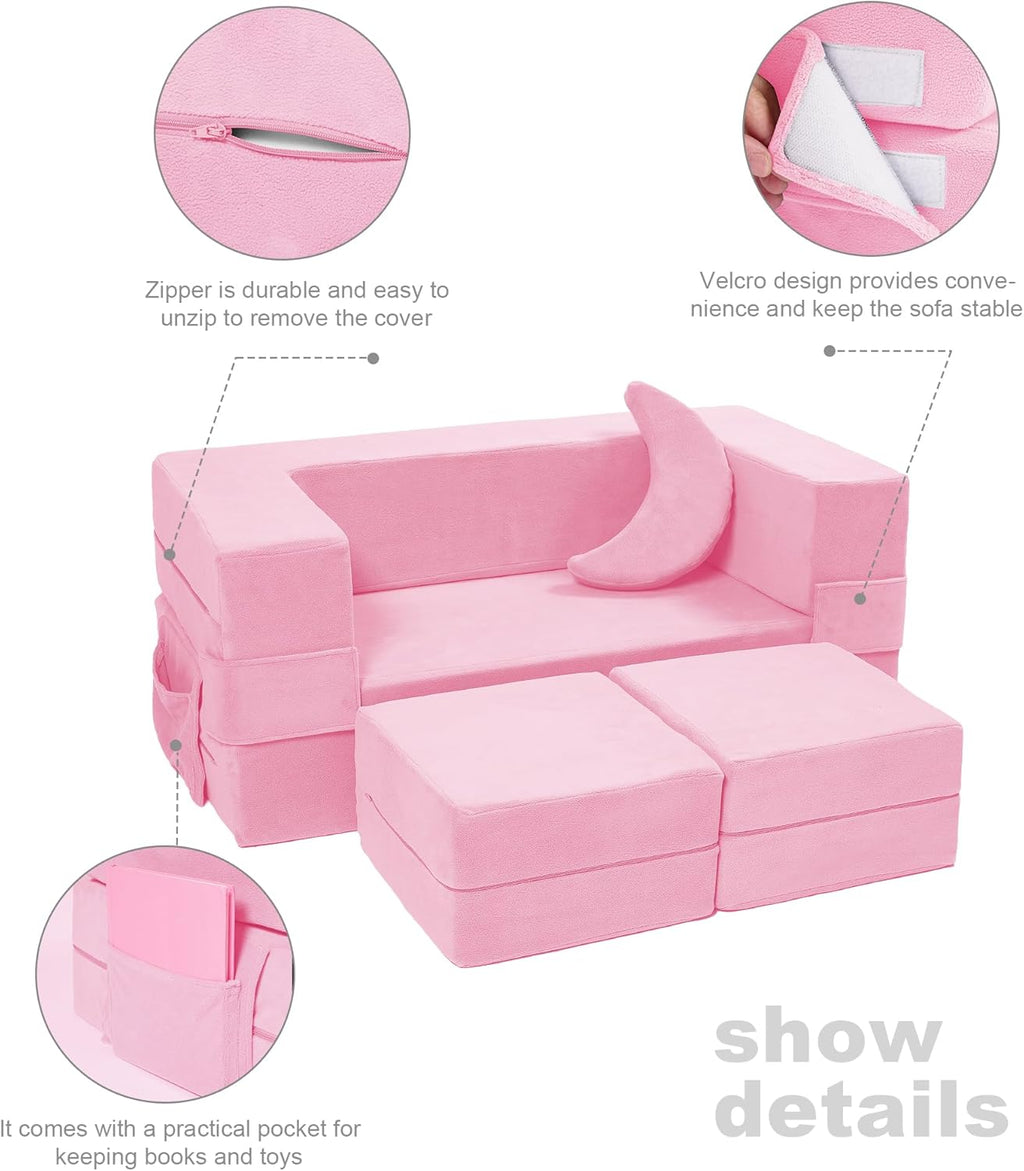 Elftopia Modular Kids Sofa,Toddler Couch Foam Armchair for Kids, Children Convertible Plush Sofa Play Set,Fold Out SofaBed(Pink)