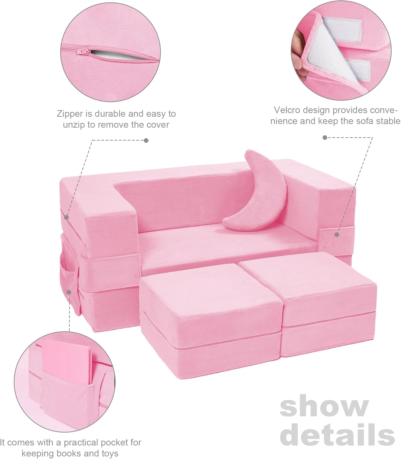 Elftopia Modular Kids Sofa,Toddler Couch Foam Armchair for Kids, Children Convertible Plush Sofa Play Set,Fold Out SofaBed(Pink)