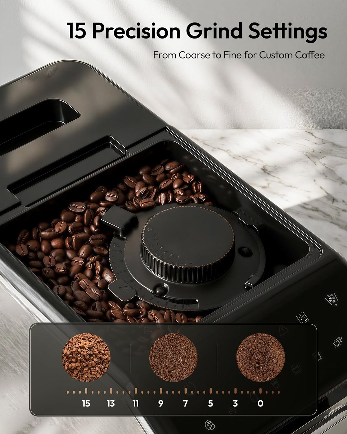 Fully Automatic Espresso Machine, 20 Bar Coffee Maker with Grinder and Integrated Milk Frother, Automatic Espresso Machine with Touch Screen, 15-Grind Settings Coffee Machine for Home, Silver