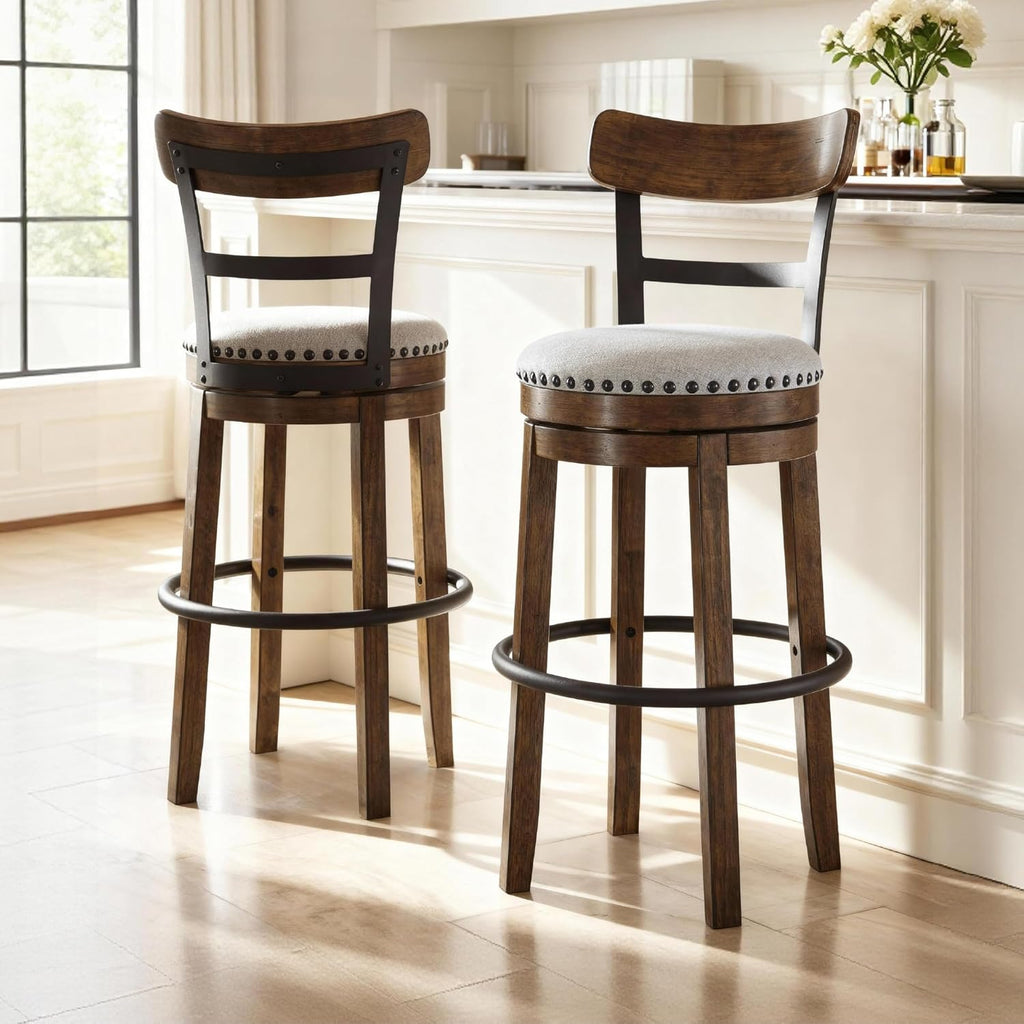 Signature Design by Ashley Valebeck | 30″ Farmhouse Pub-Height Swivel Barstool With Back – Upholstered Cushion, Nailhead Trim, Metal & Wood Frame, Brown