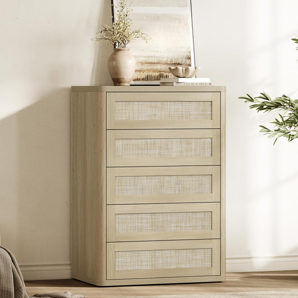 SICOTAS Tall Dresser for Bedroom - Rattan 5 Drawer Dressers Chest of Drawers with Push-to-Open Design, Boho Extra Deep Clothes Dresser with Large Storage for Closet, Living Room, Sand Oak