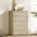 SICOTAS Tall Dresser for Bedroom - Rattan 5 Drawer Dressers Chest of Drawers with Push-to-Open Design, Boho Extra Deep Clothes Dresser with Large Storage for Closet, Living Room, Sand Oak