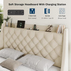Queen Bed Frame with 4 Storage Drawers, Huge Upholstered Wingback Headboard, Fast Charging Station, No Box Spring Needed, Noise-Free, Beige