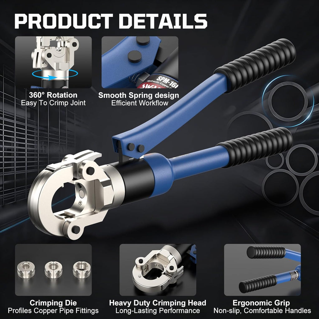 SWANSOFT Hydraulic Copper Pipe Crimping Tool with Interchangeable 1/2", 3/4", 1" Dies – Compact Pro Press Tool for Copper Tube Tight Spaces and Tee Fittings