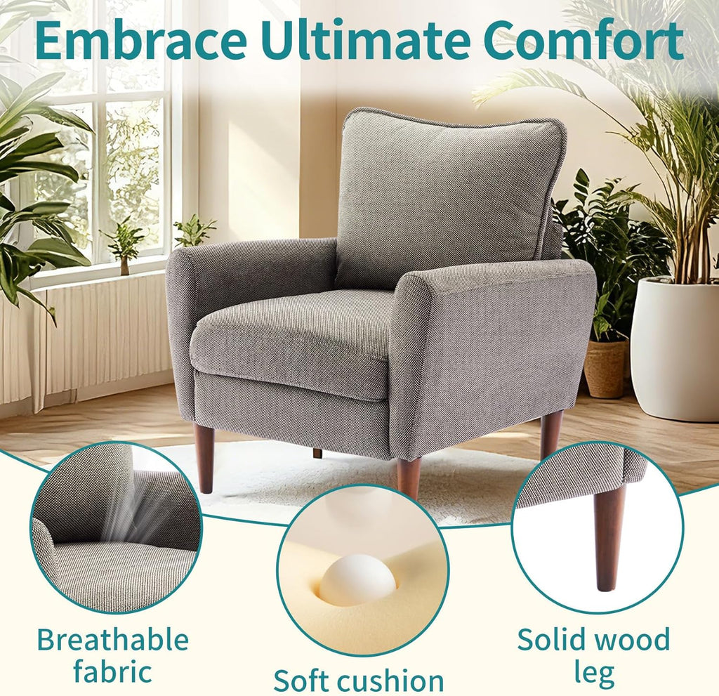 OLIXIS Comfy Accent Chair for Living Room Bedroom and Waiting Room, Upholstered Mid-Century Reading Chair with Pillow and Solid Wood Legs, Wide Singe Modern Lounge Sofa (Gray)