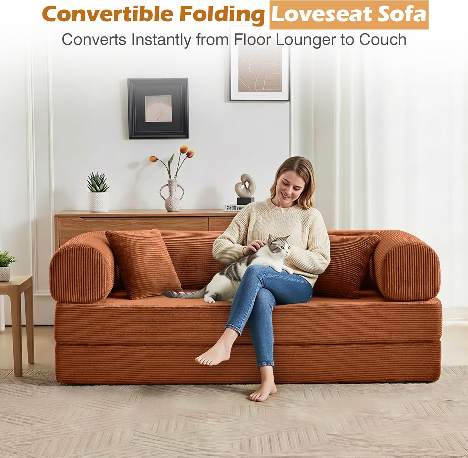 Sofa Bed, 79" Convertible Sleeper Sofa with Pull Out Bed, 5-in-1 Folding Corduroy Futon Couch, Modular Loveseat Sofa Bed for Living Room, Bedroom & Apartment, Brown