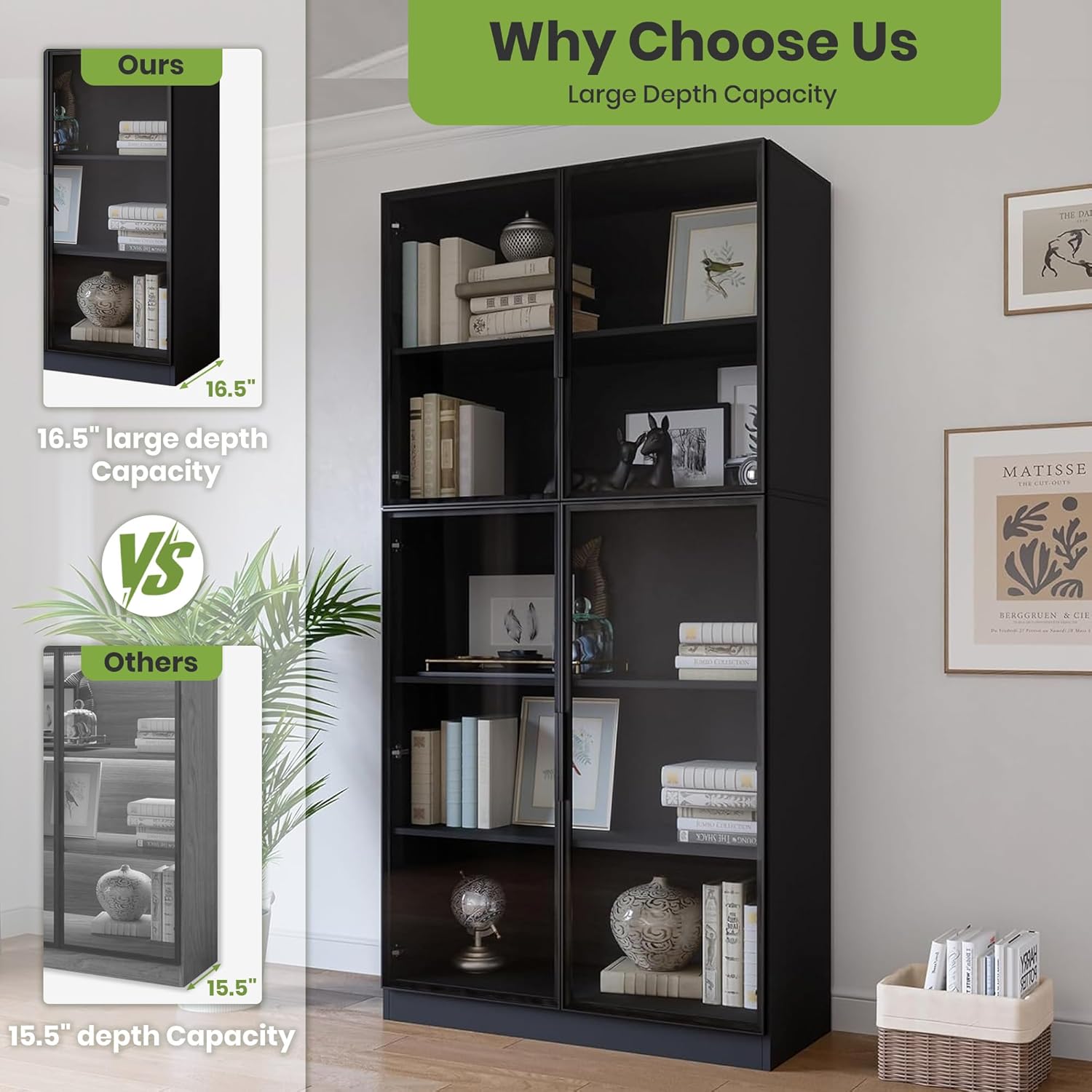 78.7" Display Cabinet with 4 Glass Doors, 5 -Tier Storage Cabinet with APP Control LED Lights, Tall Black Bookcase with Storage, Wooden Display Case for Collectible, Living Room, Office(Black)