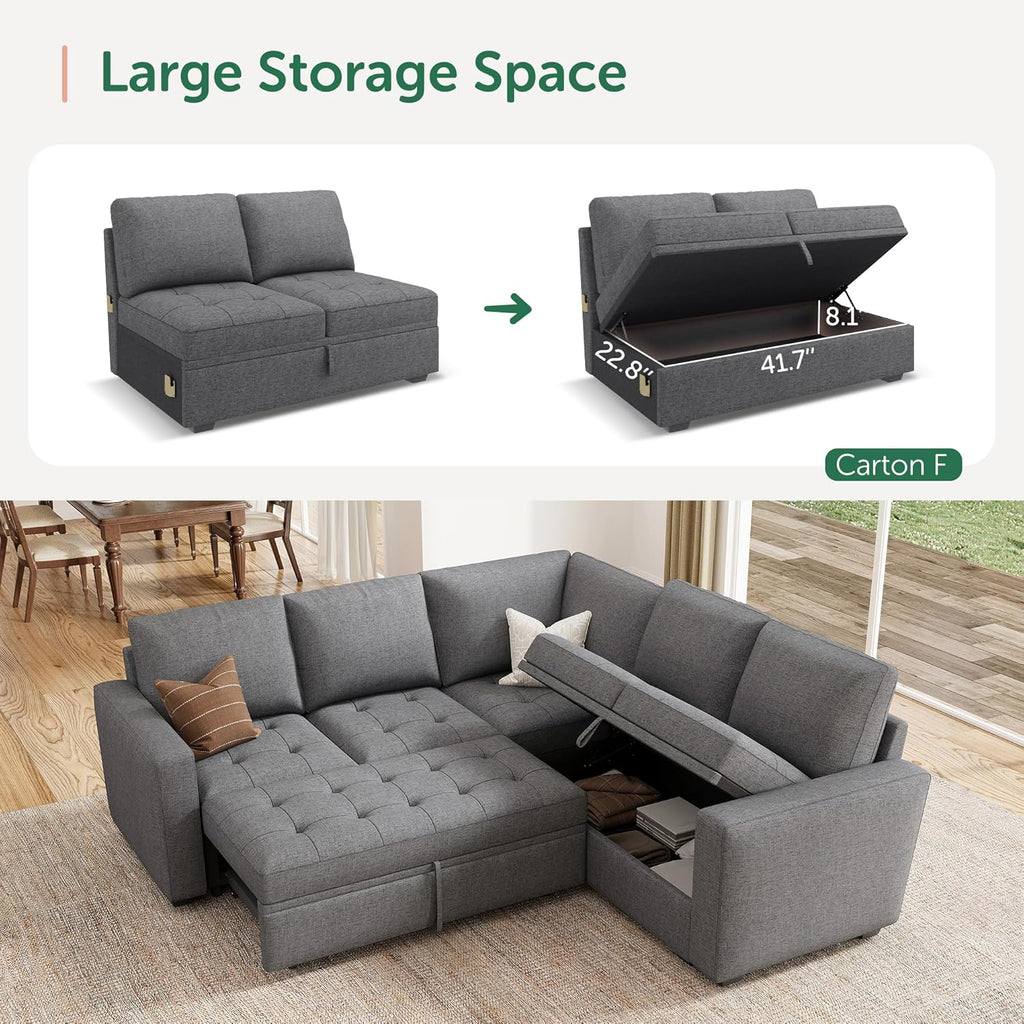 HONBAY Modular Sectional Sleeper Sofa with Pull Out Bed, Linen Convertible L Shaped Couch with Storage Seat, Sectional Couches for Living Room,Grey