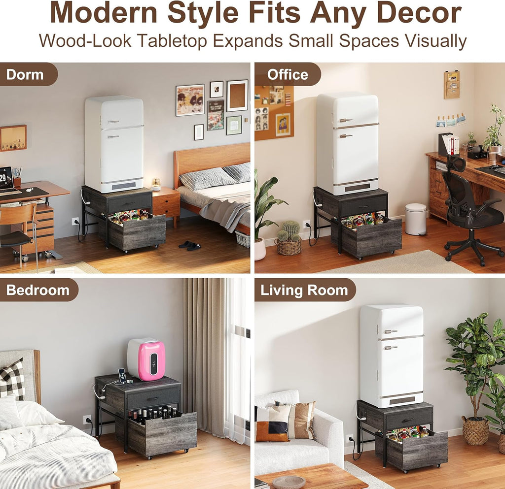 Mini Fridge Stand Cabinet Table Station With Storage Drawers For Dorm Refrigerator To Sit On, Heavy Duty Small Cart With Wheels, Grey Office Beverage Shelf and Power Outlet, Sturdy Bedroom Nightstand
