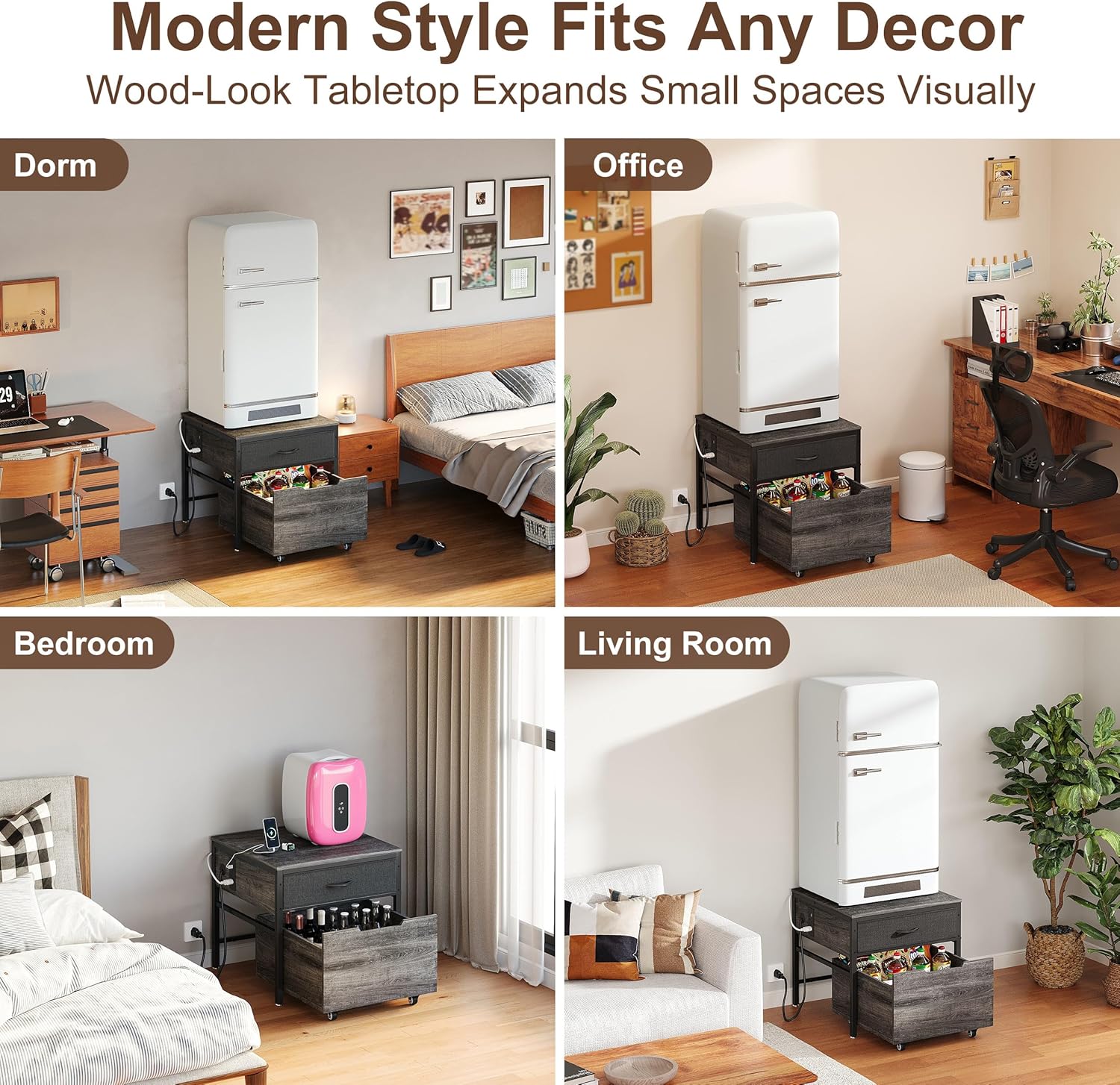 Mini Fridge Stand Cabinet Table Station With Storage Drawers For Dorm Refrigerator To Sit On, Heavy Duty Small Cart With Wheels, Grey Office Beverage Shelf and Power Outlet, Sturdy Bedroom Nightstand