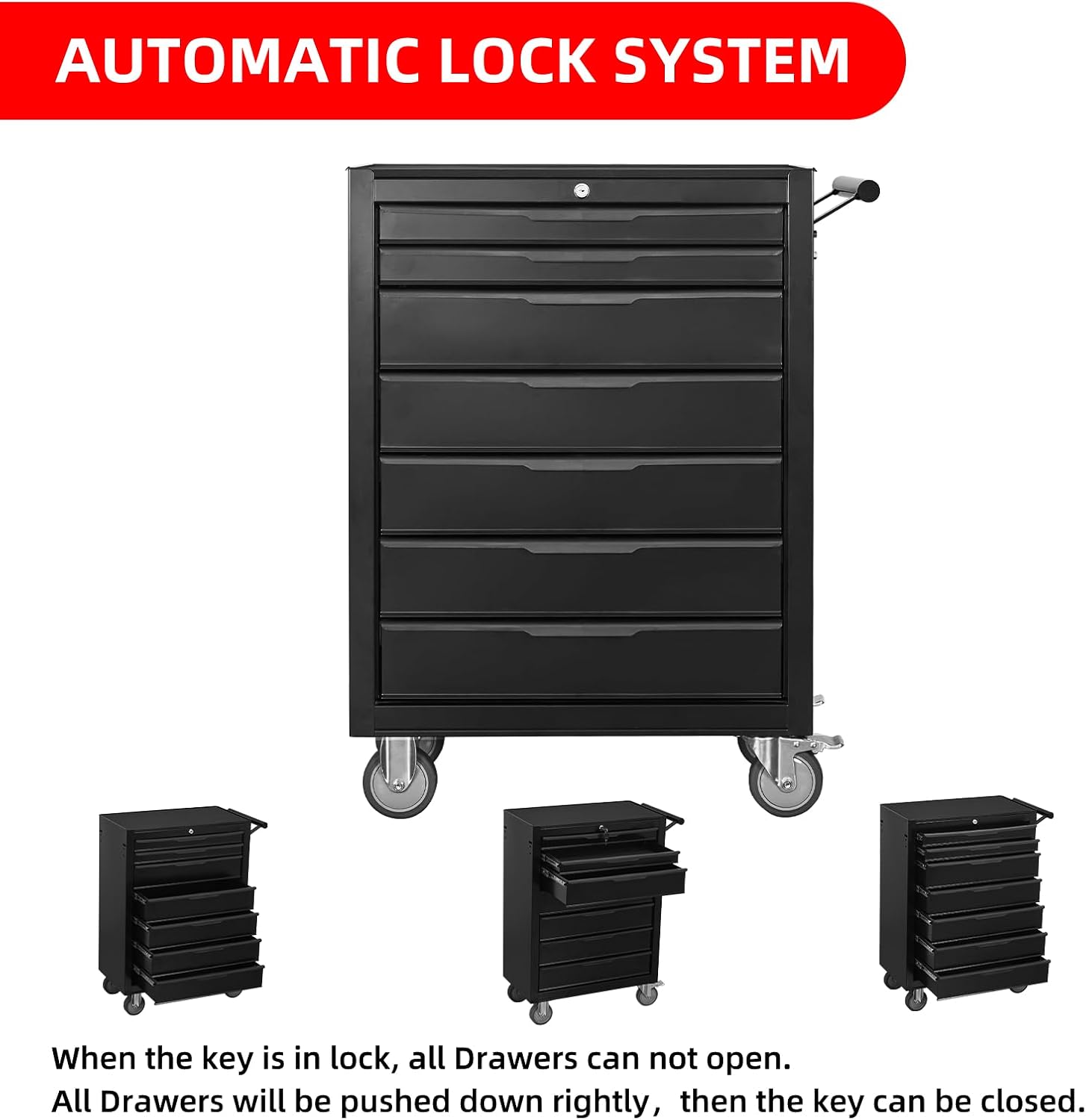 7-Drawer Rolling Tool Chest Cabinet, Large Capacity Metal Tool Box with Wheels and Keyed Locking, Roll Around Storage Organizer Tool Cart for Garage, Warehouse, Work Shop (Black)