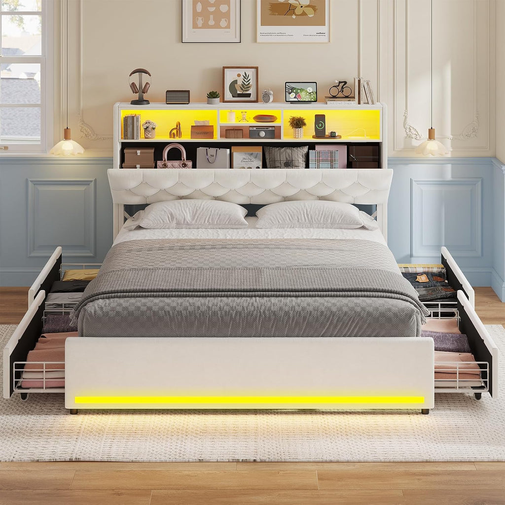 Full Size Bed Frame with Bookcase Headboard,LED Bed Frame with Charging Station, 4 Storage Drawer, Modern Velvet Upholstered Platform Bed with 5 Shelf, No Box Spring Needed, Creamy White