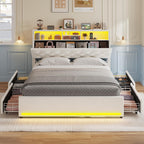 Full Size Bed Frame with Bookcase Headboard,LED Bed Frame with Charging Station, 4 Storage Drawer, Modern Velvet Upholstered Platform Bed with 5 Shelf, No Box Spring Needed, Creamy White