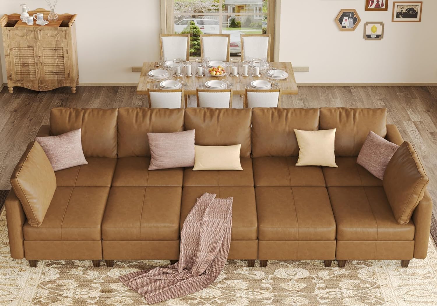 EASE MOOSE Faux Leather Sectional Sleeper Modular Sofa Modular Couch with Storage, Convertible Faux Leather Modular U Sectional Sleeper Sofa Couch Brown