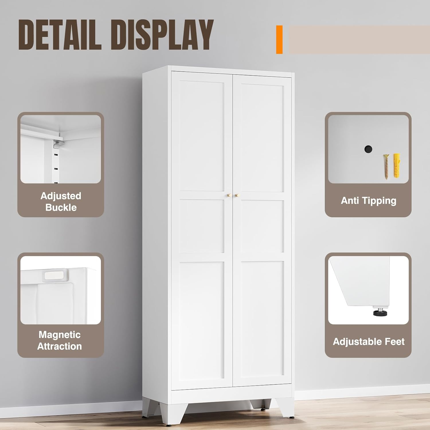 Yizosh Metal Pantry Cabinet, 75" Kitchen Pantry with 2 Door and 4 Adjustable Shelves,White Metal Pantry Storage Cabinet,Cupboard for Kitchen,Dining Room,Living Room and Bathroom