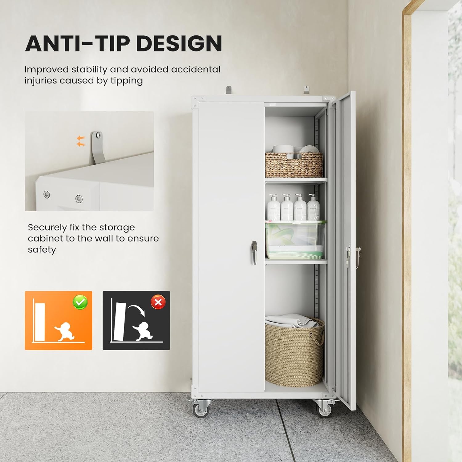 DUMOS 72" Metal Garage Storage Cabinet with Wheels, Tall Rolling Steel Tool Cabinet with Adjustable Shelves and Locking Doors, Lockable File Cabinet for Garage, Home, Office, Warehouse, White