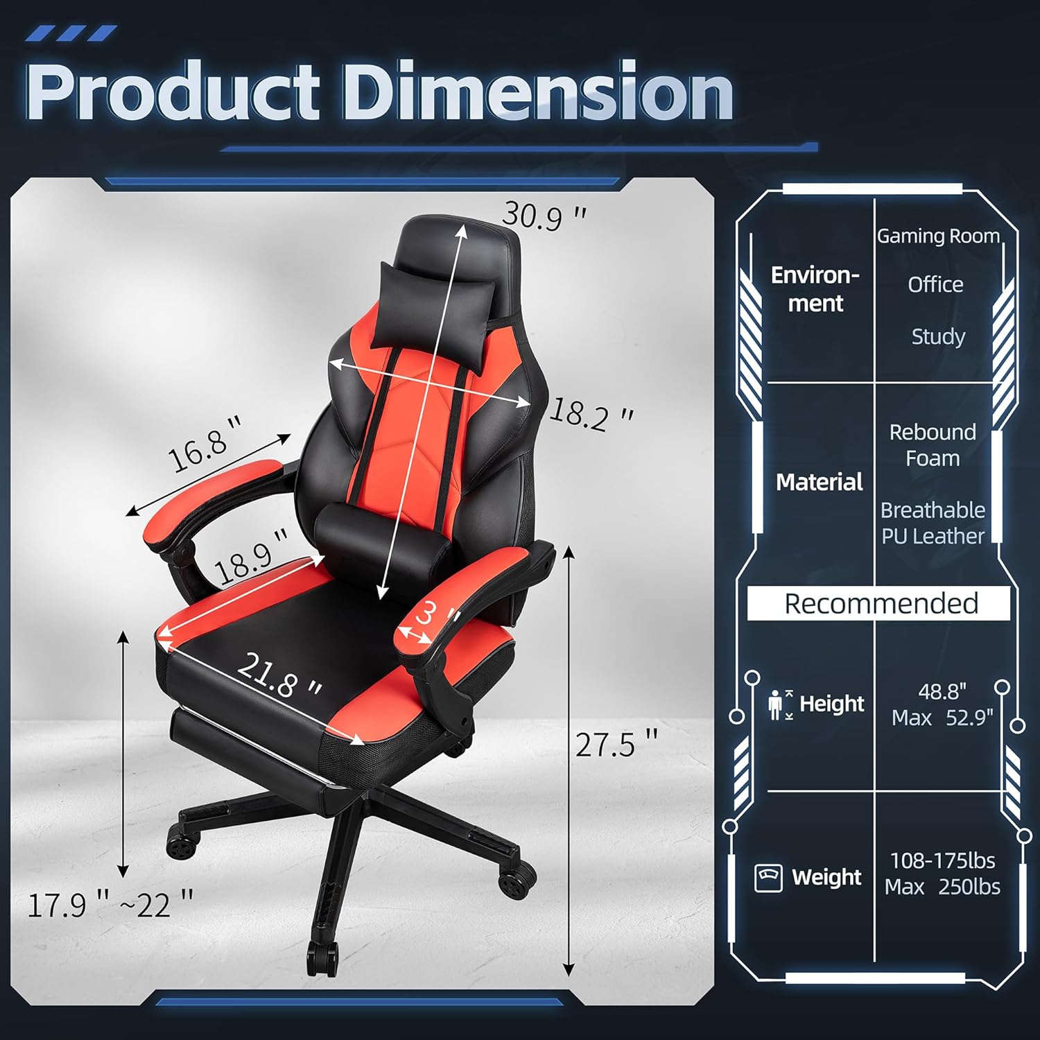 Gaming Chairs for Adults, Computer Chair with Footrest, High Back, Big and Tall Gamer Chair‘s with Massage Lumbar Support, 360° Swivel Height Adjustable Computer Chaires, Dark Red
