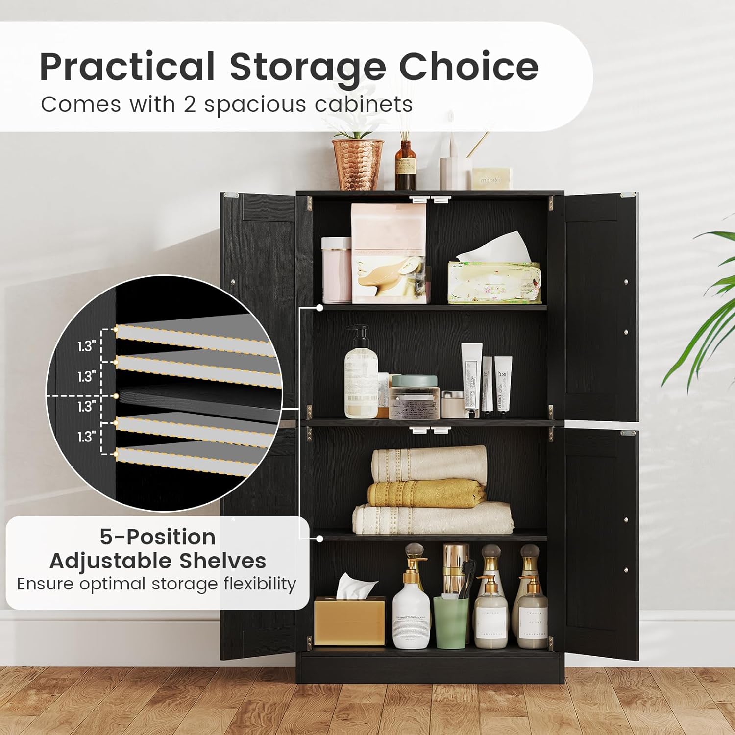 Giantex Bathroom Cabinet, 43.5” Storage Cabinet with Doors & Adjustable Shelves, Kitchen Pantry, Freestanding Storage Organizer for Living Room Dining Room (Black)