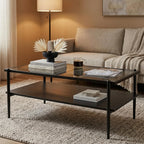 Casaphoria Rectangle Coffee Table, Modern 2-Tier Center Table with Gray Tempered Glass Top & Black Metal Legs, Living Room Furniture with Open Storage Shelf, 38.4 Inch