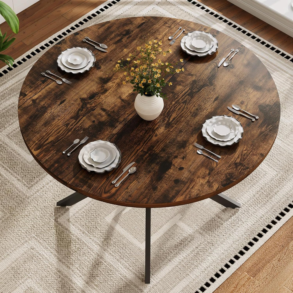 Vantic 47" Round Dining Table for 4-6 People, Farmhouse Wood Kitchen Table for Small Space,Circle Dining Table with Metal Base for Kitchen & Living Room, Rustic Brown