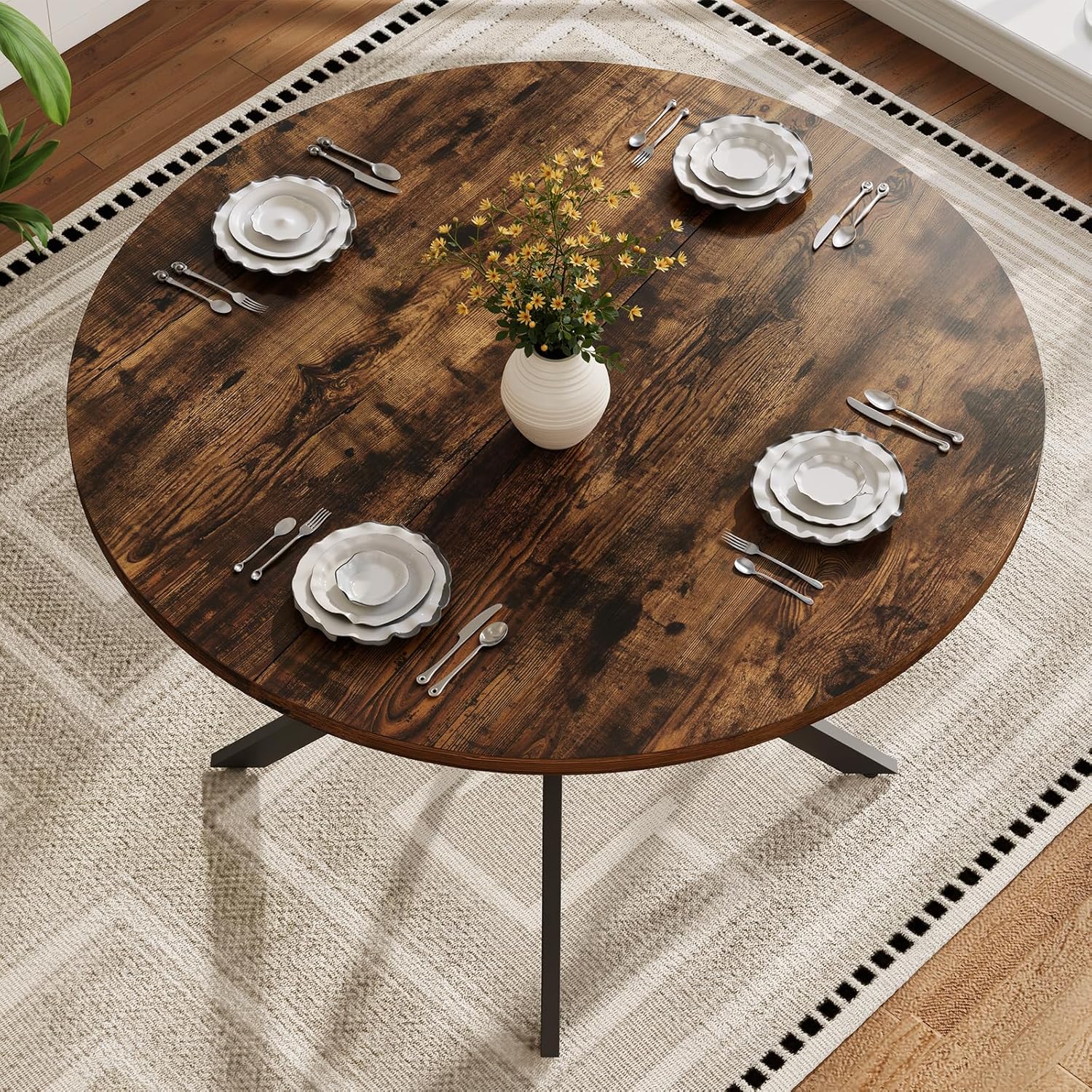 Vantic 47" Round Dining Table for 4-6 People, Farmhouse Wood Kitchen Table for Small Space,Circle Dining Table with Metal Base for Kitchen & Living Room, Rustic Brown
