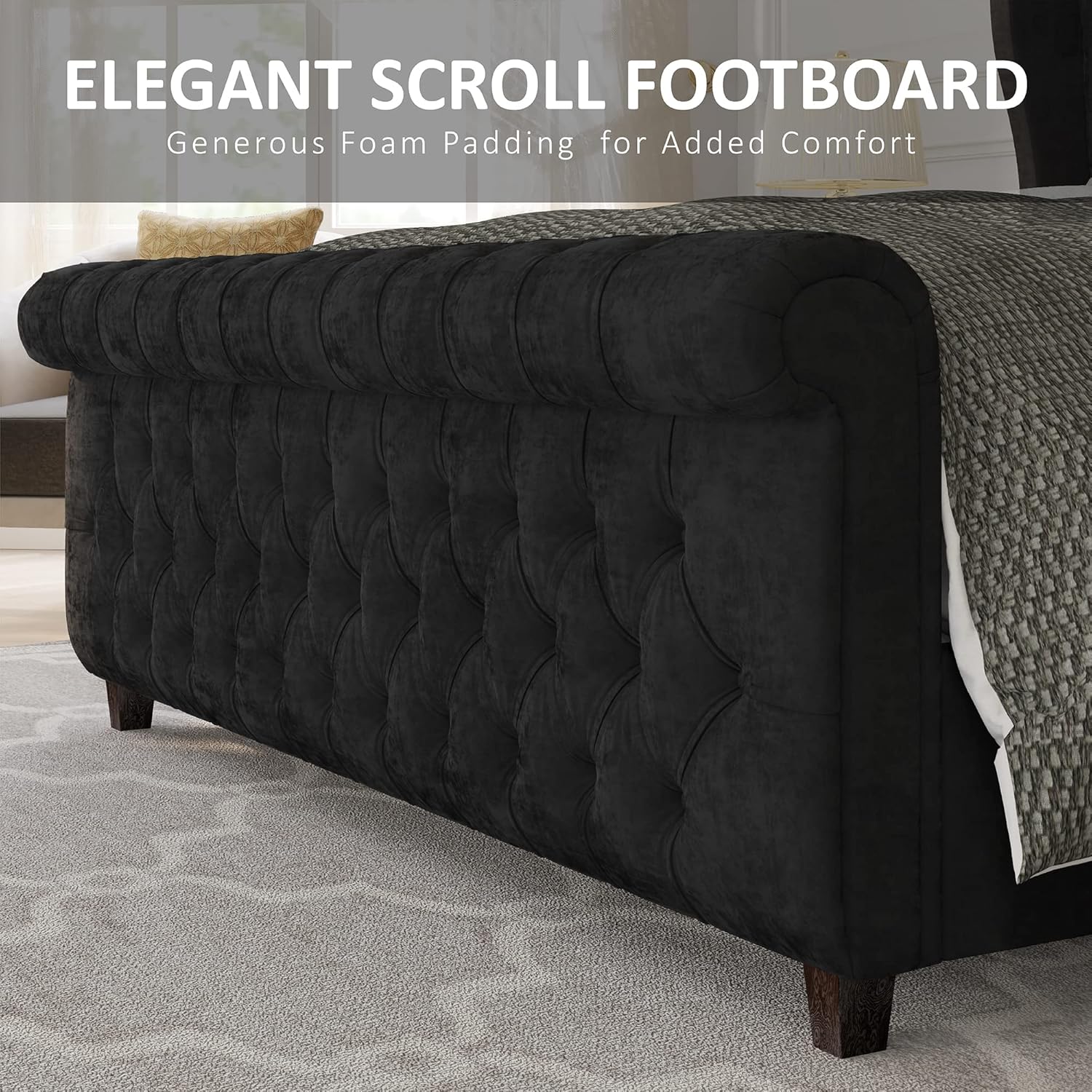 AMERLIFE King Size Platform Bed Frame, Velvet Upholstered Sleigh Bed with Scroll Wingback Headboard & Footboard/Button Tufted/No Box Spring Required/Easy Assembly/Black