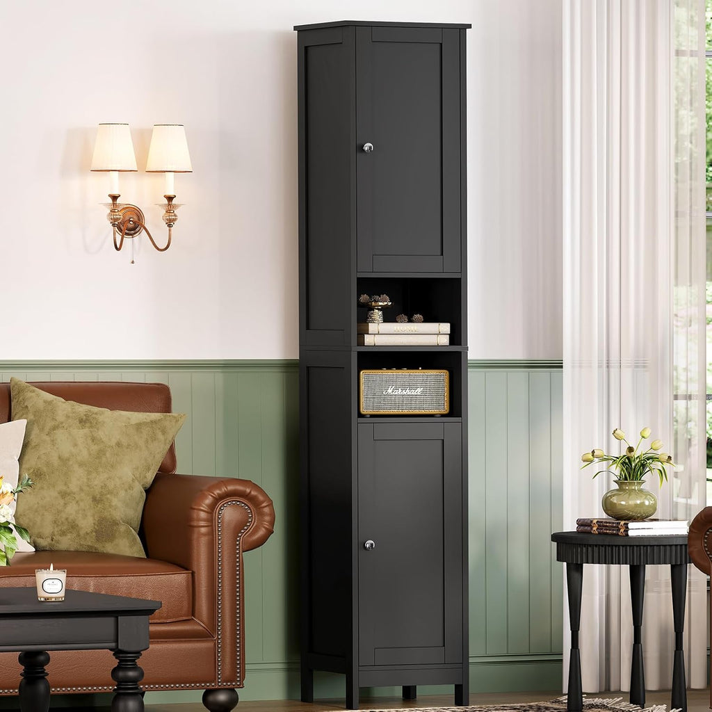 TEENFON 67" Tall Bathroom Cabinet with Adjustable Shelves and Doors, Narrow Bathroom Storage Cabinet for Small Space, Living Room, Entryway, Kitchen, Black