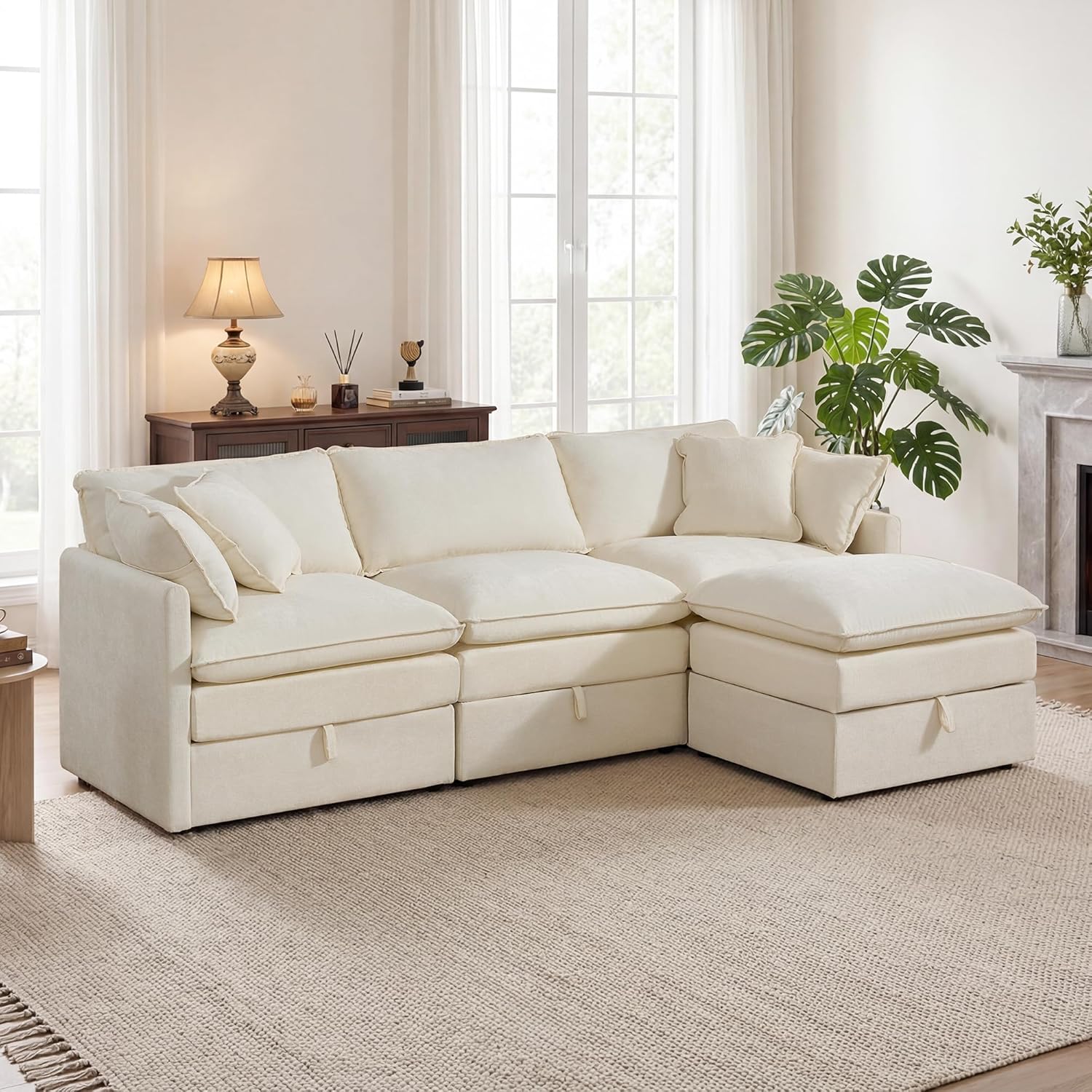 Modular Sofa with Storage, 103" L Shape Sectional Cloud Couch, Comfy Fabric Couch with Movable Ottoman, 4 Seat Modern Deep Seat Sofa for Living Room (Beige Chenille)