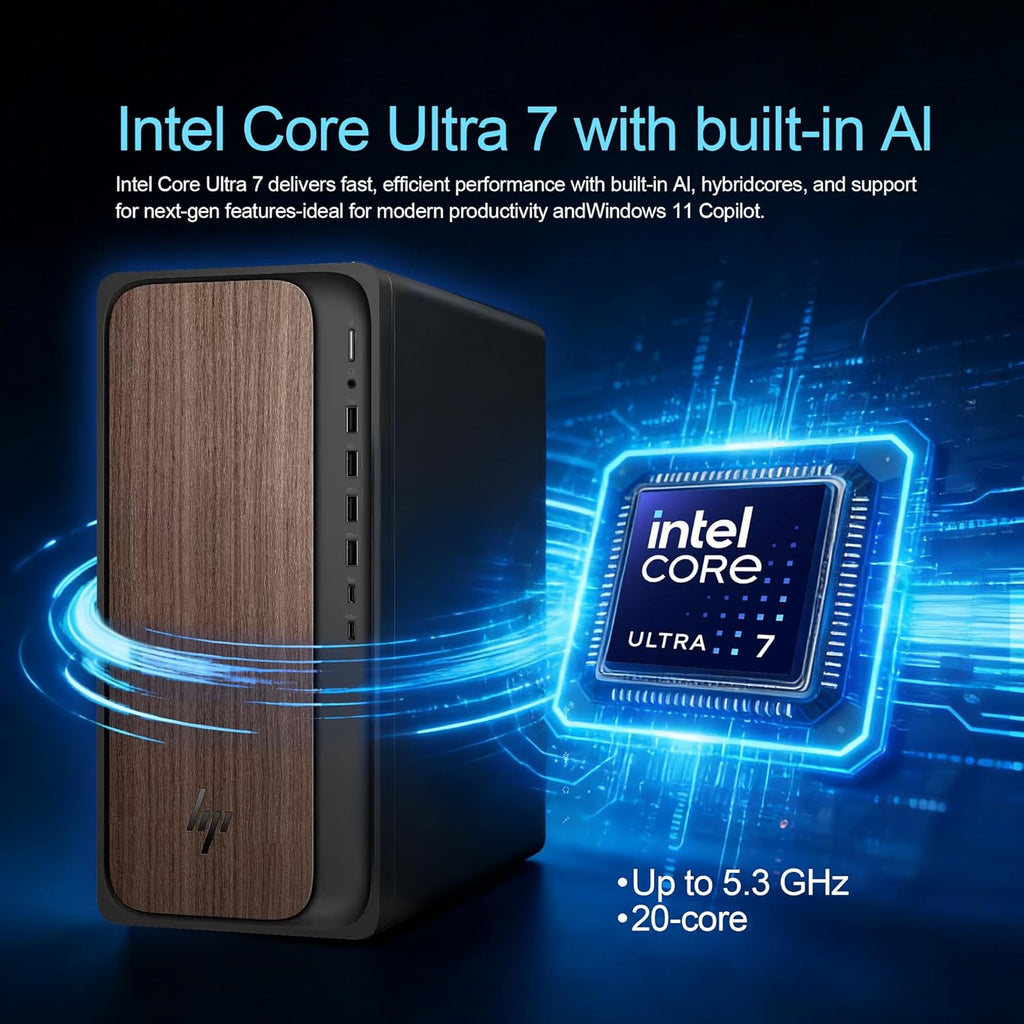HP OmniDesk Desktop Computer – Intel Core Ultra 7 265  16GB DDR5 1TB SSD  Sleek Dark Wood Design  AI-Ready Performance  Windows 11 Pro with Dockstation