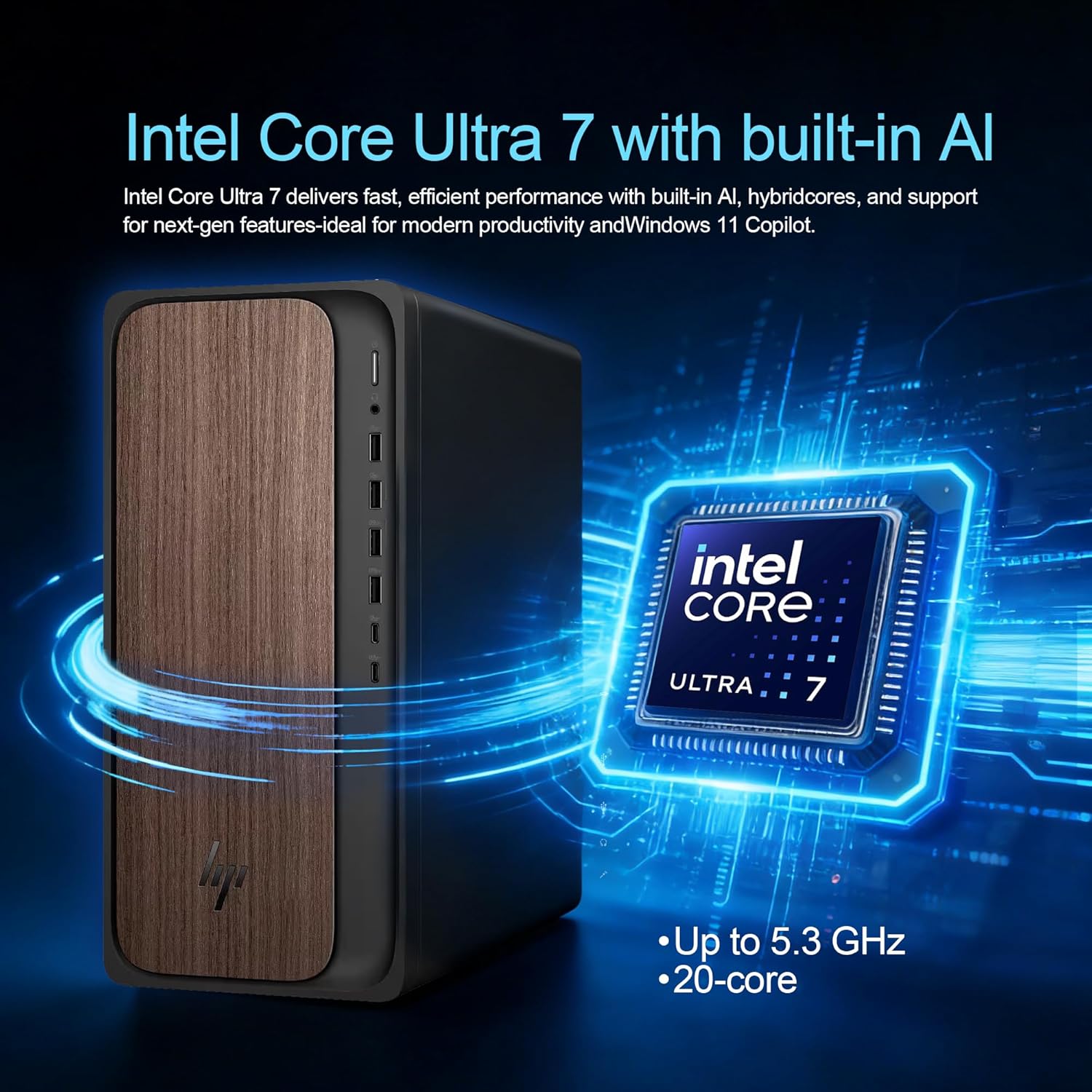 HP OmniDesk Desktop Computer – Intel Core Ultra 7 265  16GB DDR5 1TB SSD  Sleek Dark Wood Design  AI-Ready Performance  Windows 11 Pro with Dockstation