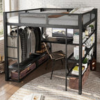 Bellemave Queen Size Loft Bed with Storage Shelves & Hanging Rod, Metal Queen Loft Bed Frame with Desk for Kids Teens, Black