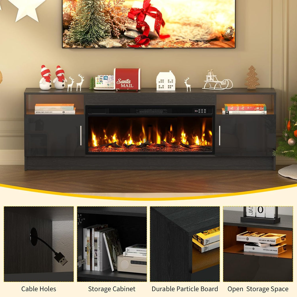 BREEZEHEAT 70" Electric Fireplace TV Stand for 80'' TV-Entertainment Center with 36'' Fireplace and Led Light-TV Table with Storage, High Glossy Door, Modern TV Console for Living Room, Black