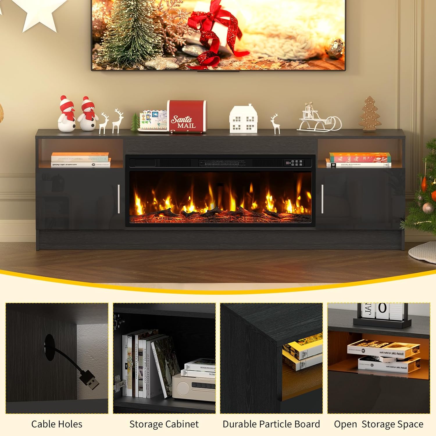 BREEZEHEAT 70" Electric Fireplace TV Stand for 80'' TV-Entertainment Center with 36'' Fireplace and Led Light-TV Table with Storage, High Glossy Door, Modern TV Console for Living Room, Black