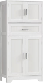 TEENFON Bathroom Storage Cabinet with Adjustable Shelf & Large Drawer, Tall Storage Cabinet with 4 Doors, Kitchen Pantry Storage Cabinets, for Living Room, Dining Room, Home Office, Entryway, White