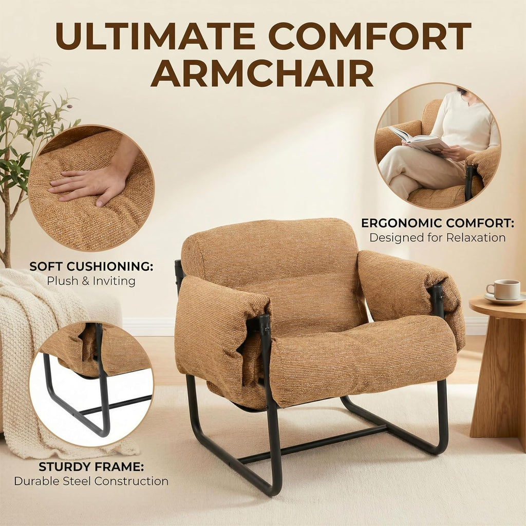 Kinfant Mid Century Modern Accent Chair, Chunky Upholstered Armchair with Metal Frame, Oversized Lounge Chair for Living Room Bedroom Small Spaces, Textured Chenille Fabric, Caramel Brown