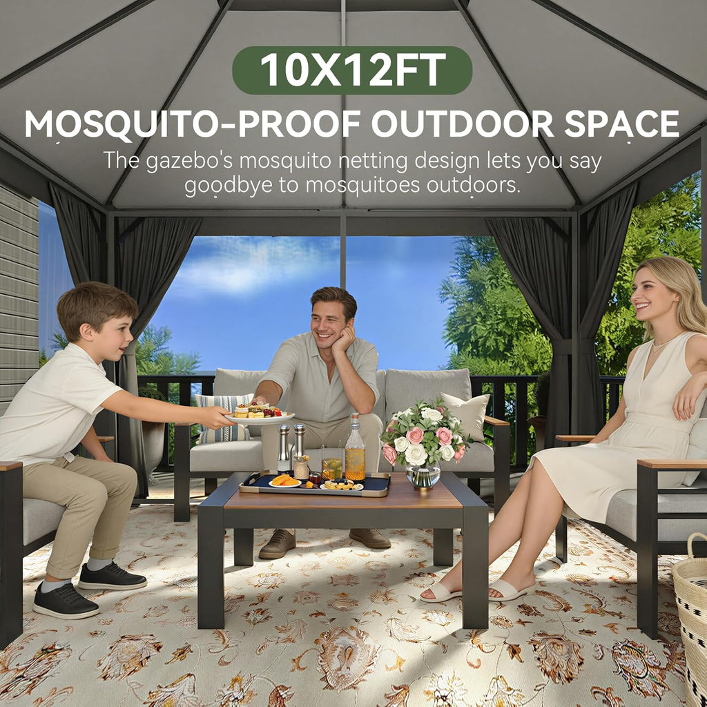 Aoxun Outdoor Gazebo for Patio 10x12  Metal Frame Canopy with Double Roofs  Heavy Duty Party Tent and Shelter with Mosquito Netting and Privacy Screen for Backyard  Lawn  Garden  Deck