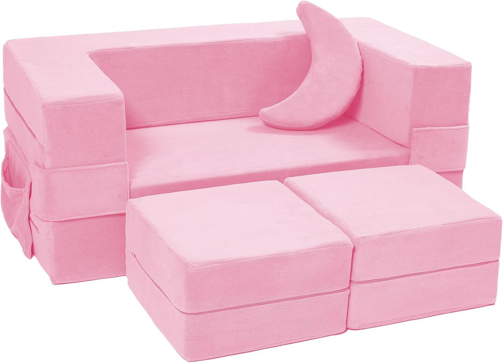 Elftopia Modular Kids Sofa,Toddler Couch Foam Armchair for Kids, Children Convertible Plush Sofa Play Set,Fold Out SofaBed(Pink)