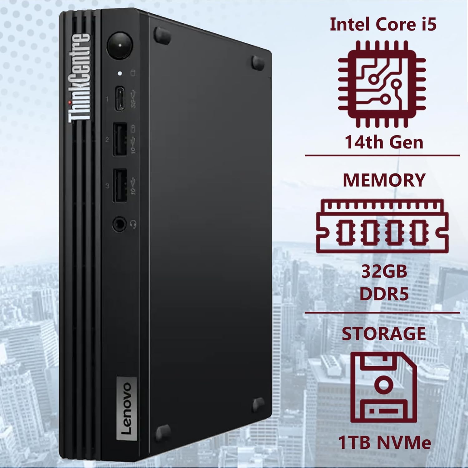 Lenovo ThinkCentre Tiny M70q Gen 5 Intel 10-Core i5-14400T (Beat i7-13700T)  32GB DDR5 RAM  1TB NVMe  WiFi 6  Bluetooth  RJ-45  DP Port  HDMI  W11P  Business Desktop  3 Yr Wty